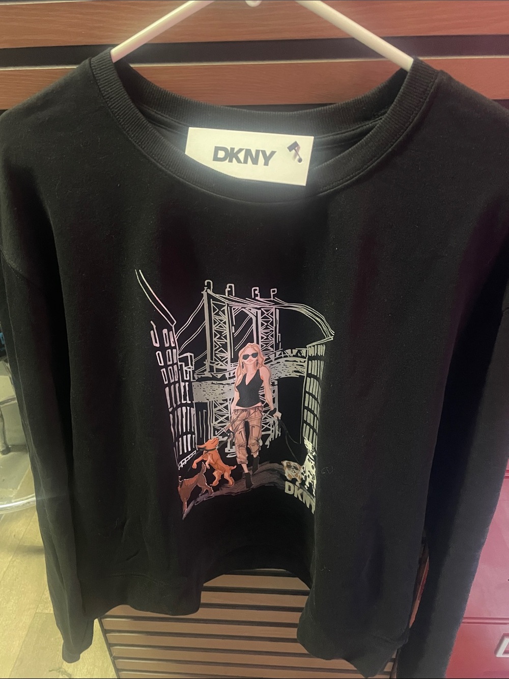 DKNY Black Sweatshirt with Pink Graphic Bridge Illustration
